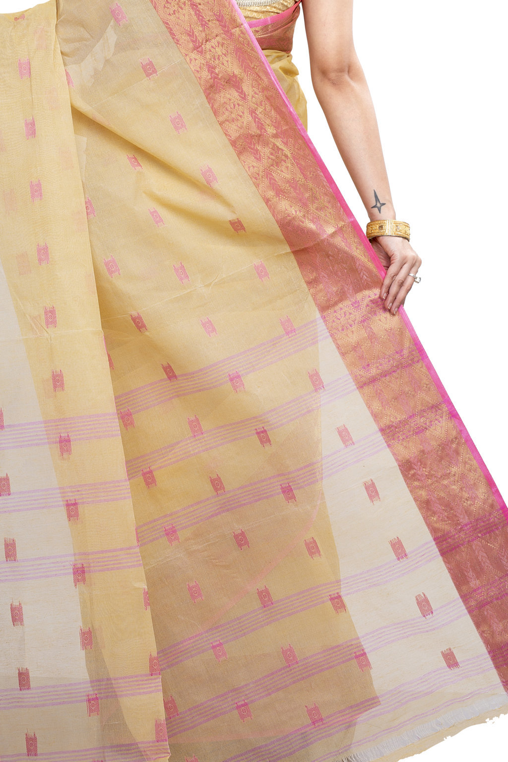 Cream Pure Cotton SqureButi Tant Saree (793)